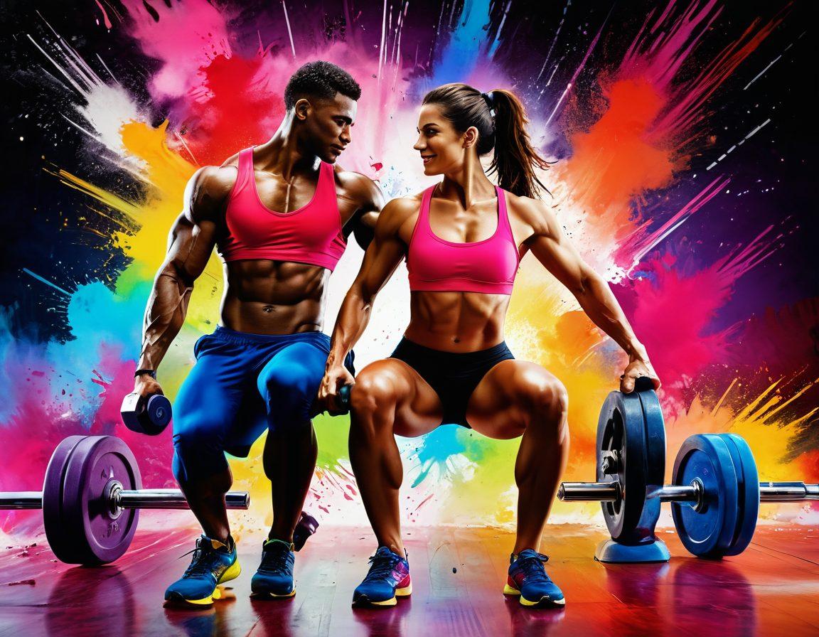 A dynamic scene showcasing a muscular man and woman engaged in a high-intensity workout, surrounded by weights and fitness equipment. The background features vibrant splashes of colors representing energy and vitality. Subtle elements of romance are included, such as intertwined hands or an encouraging smile, symbolizing the connection between physical fitness and sexual vitality. The athletes should exude confidence and power. super-realistic. vibrant colors.